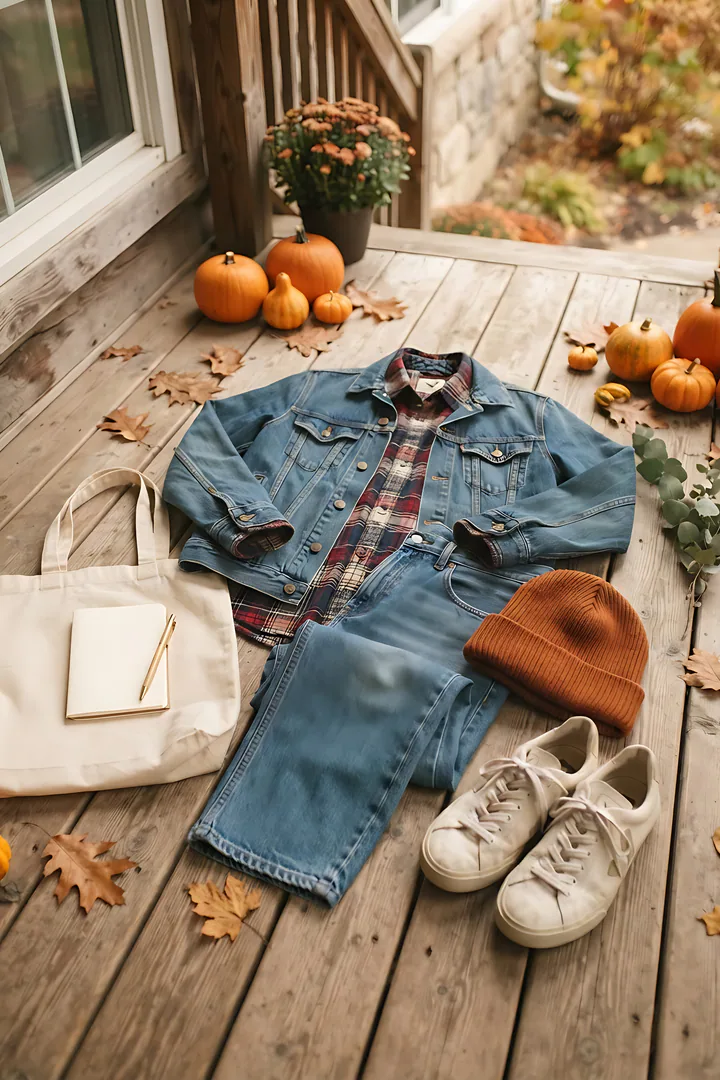 Casual Cutie: fall outfit result. Casual fall outfit flat lay, showing a denim jacket, a plaid flannel shirt, relaxed jeans, white sneakers
