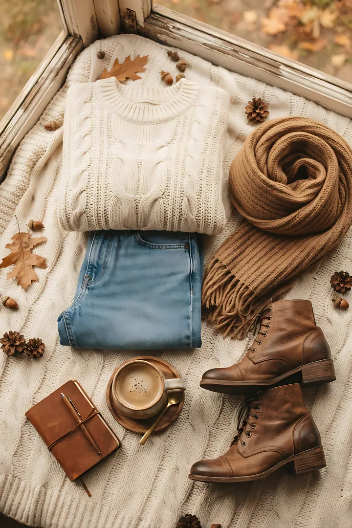 Cozy Sweater Weather: fall outfit result. Cozy fall outfit flat lay on a soft knit blanket, showing an oversized cream cable-knit sweater, soft straight jeans, a chunky camel scarf