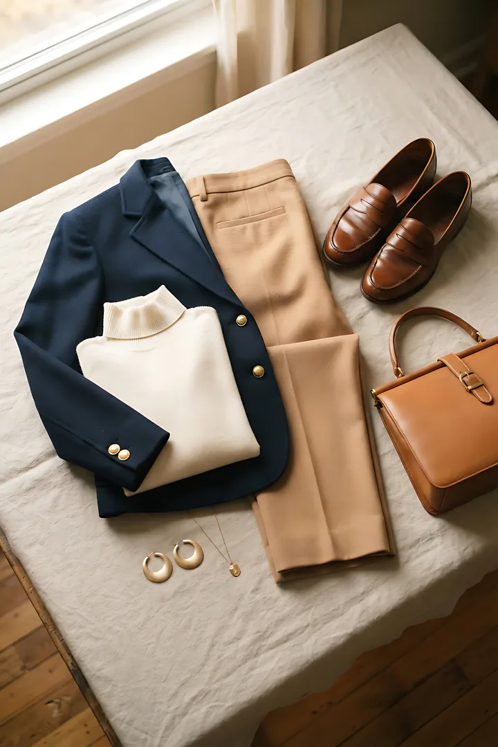 Polished Classic: fall outfit result. Polished classic fall outfit flat lay, showing a tailored navy blazer, an ivory turtleneck, straight camel trousers, leather loafers