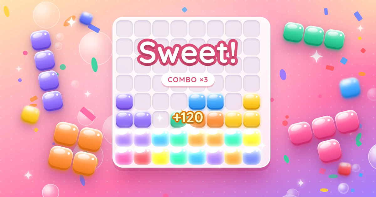 Colorful jelly blocks on a white board with two rows clearing in a burst of sparkles
