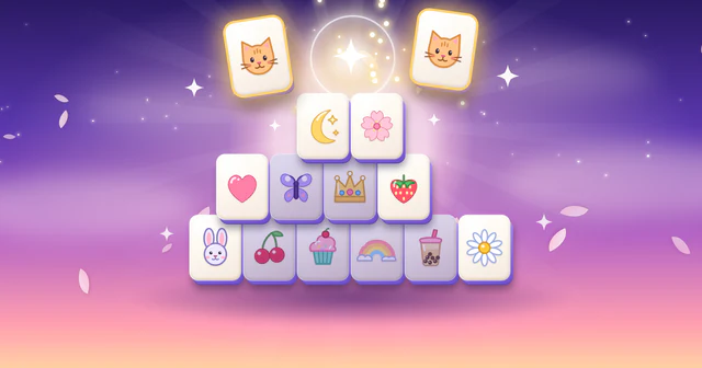 Pastel mahjong solitaire tiles stacked in a pyramid on a dreamy purple sky