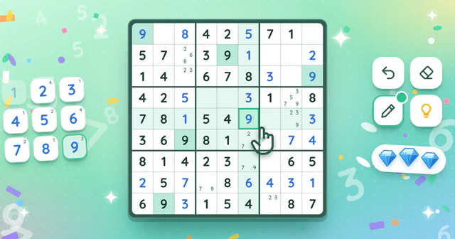 A cute, aesthetic sudoku board half solved on a soft mint green backdrop, with a number pad, pencil and hint tools and three blue gems