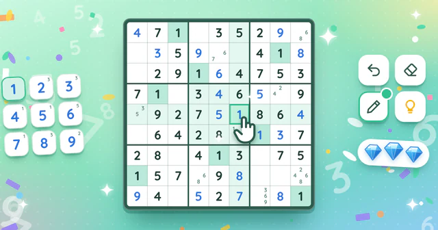A cute, aesthetic sudoku board half solved on a soft mint green backdrop, with a number pad, pencil and hint tools and three blue gems