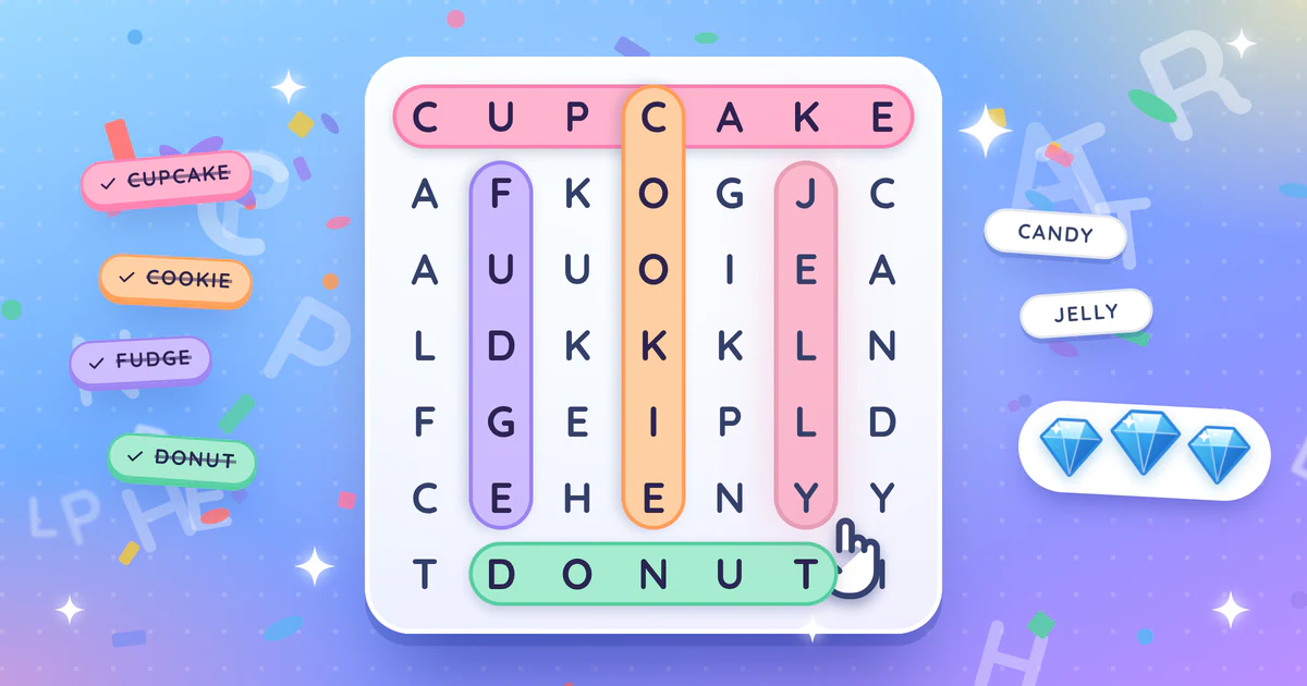 A cute aesthetic word search puzzle in soft pastel colors with several found words marked like highlighter strokes