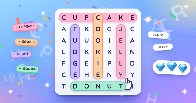 A cute aesthetic word search puzzle in soft pastel colors with several found words marked like highlighter strokes