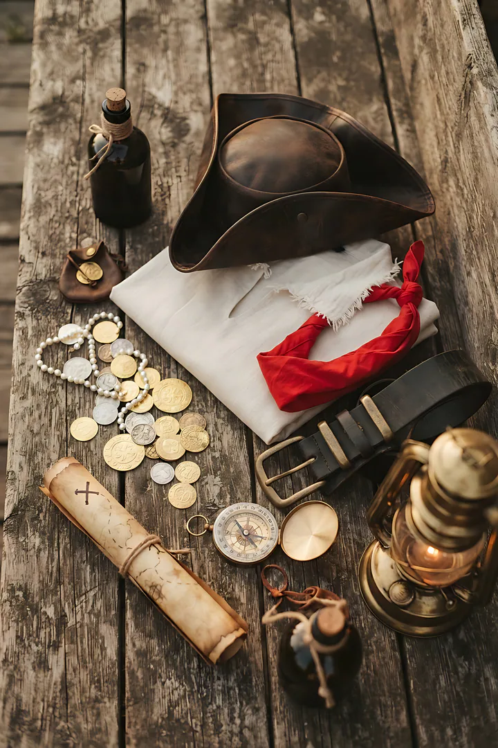 Pirate: Halloween costume result. Pirate costume flat lay on weathered wood, showing a red bandana, a tricorn hat, a white linen shirt, a leather belt with a brass buckle