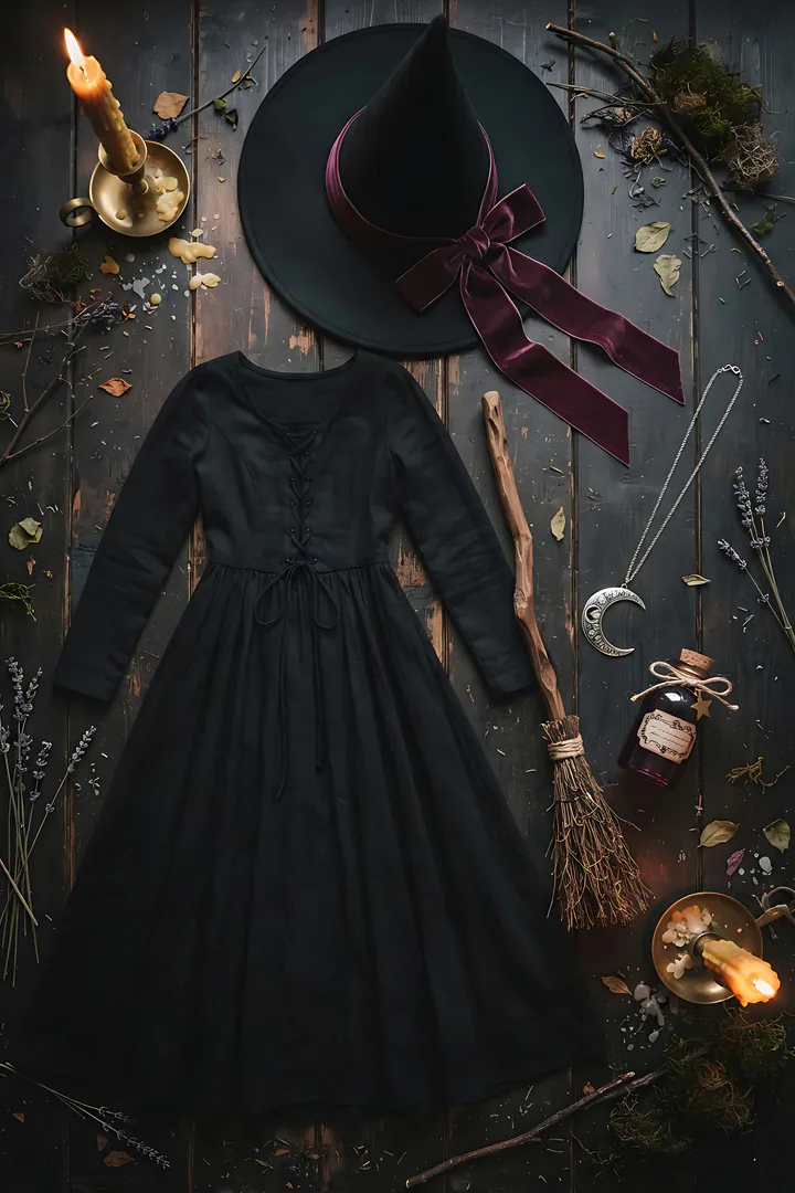 Witch: Halloween costume result. Witch costume flat lay on dark wood, showing a black pointed witch hat with a plum ribbon, a long black dress, a small wooden broom