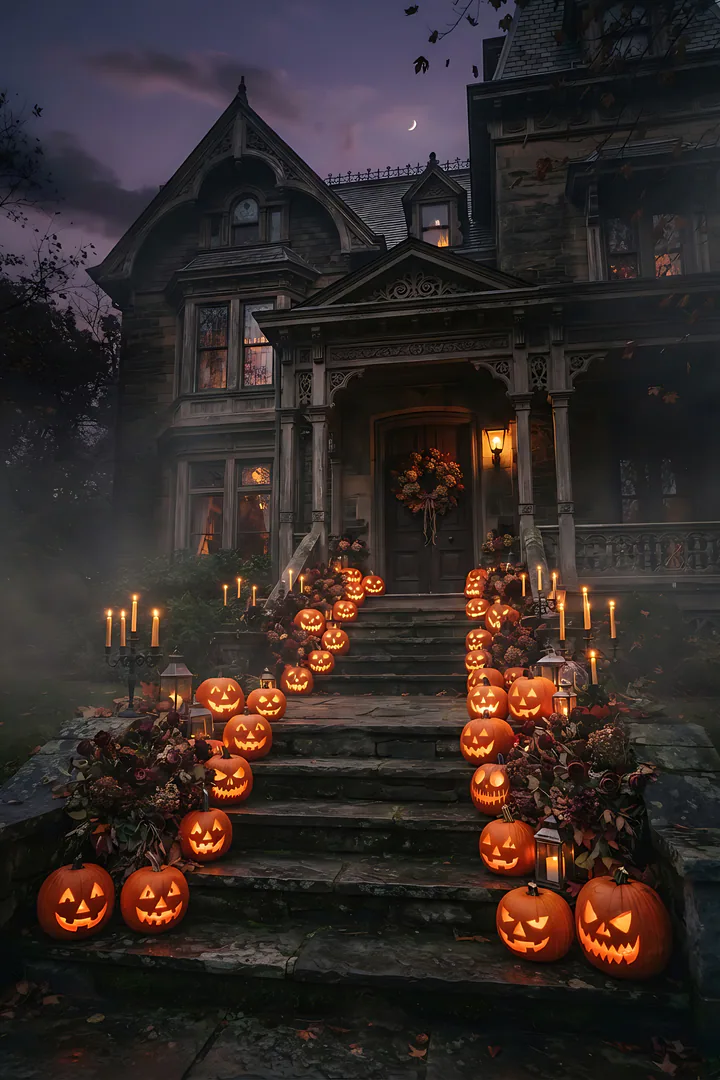 Which Halloween Aesthetic Are You? A moody twilight scene at the front steps of an old Victorian manor, showing rows of glowing carved jack-o'-lanterns