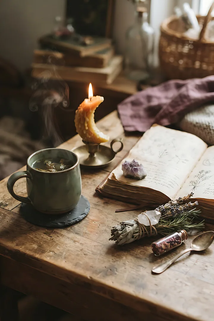 Cozy Witch: Halloween aesthetic result. Cozy witchy still life, showing a steaming cup of herbal tea, a crescent-moon candle