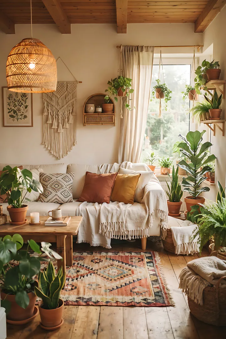 Boho Nest: home style result. Boho living room, showing rattan pendant lamp, kilim rug, macramé wall hanging, many plants, layered textiles