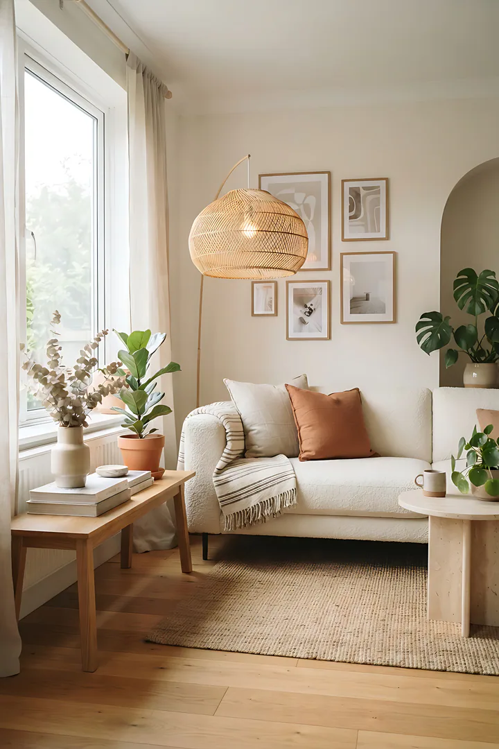 What's Your Dream Home Style? A bright beautiful living room mixing styles, showing cream bouclé sofa, rattan lamp, low wooden bench, green plants, soft morning light