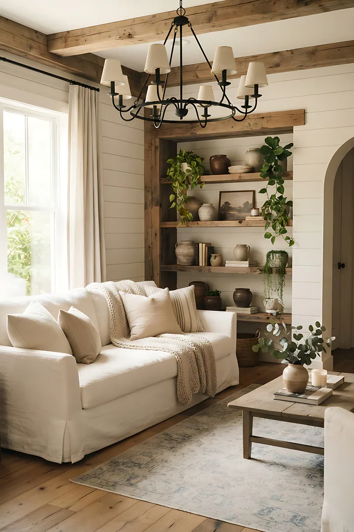Modern Farmhouse: home style result. Modern farmhouse living room, showing white slipcovered sofa, reclaimed wood beams, black iron light fixture, open shelves, plants, sunlit