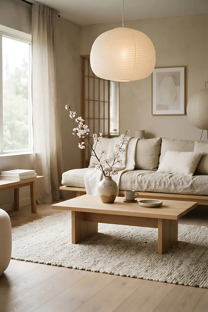 Japandi Calm: home style result. Japandi living room, showing low oak furniture, linen textures, paper lantern, ceramic vase with a single branch