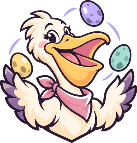 Vibenest pelican juggling three pastel eggs