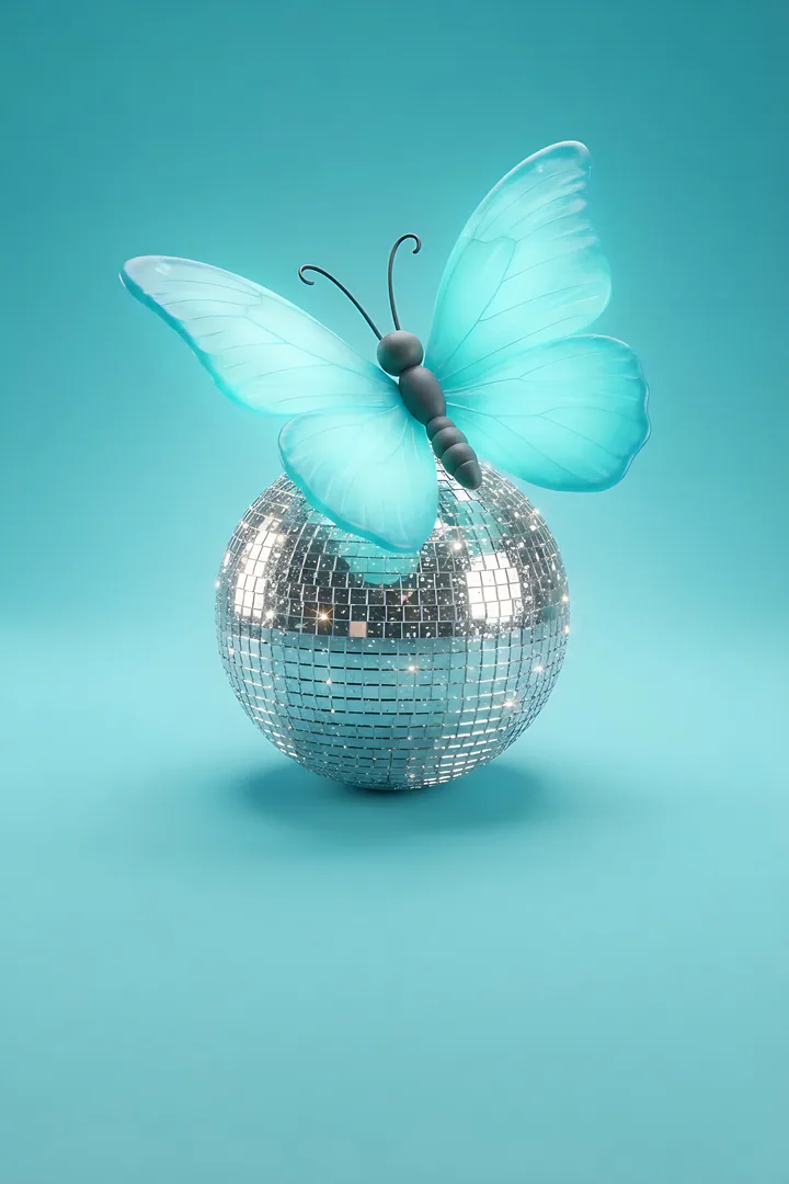 The Social Butterfly: personality type result. A large glowing turquoise butterfly with open translucent wings perched on top of a sparkling silver disco ball
