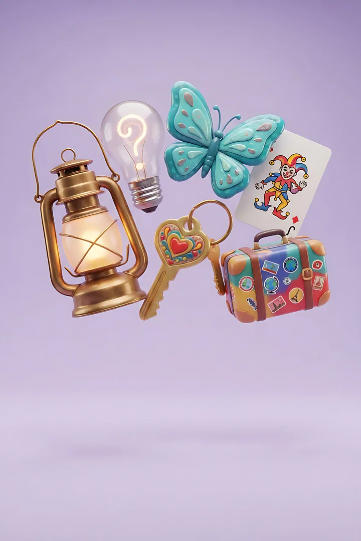 What's Your Personality Type? Six very large glossy clay objects floating close together as one big cheerful bunch that fills most of the width of the frame