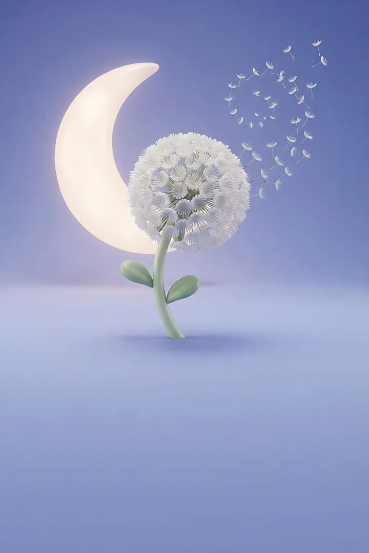 The Dreamer: personality type result. One big full dandelion puff with dozens of tiny seeds drifting away in a gentle spiral, a large soft glowing crescent moon rising behind it