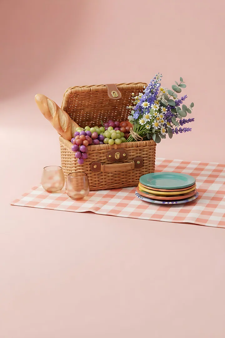 The Gatherer: personality type result. A wicker picnic basket open and overflowing with a baguette, grapes and a bunch of flowers