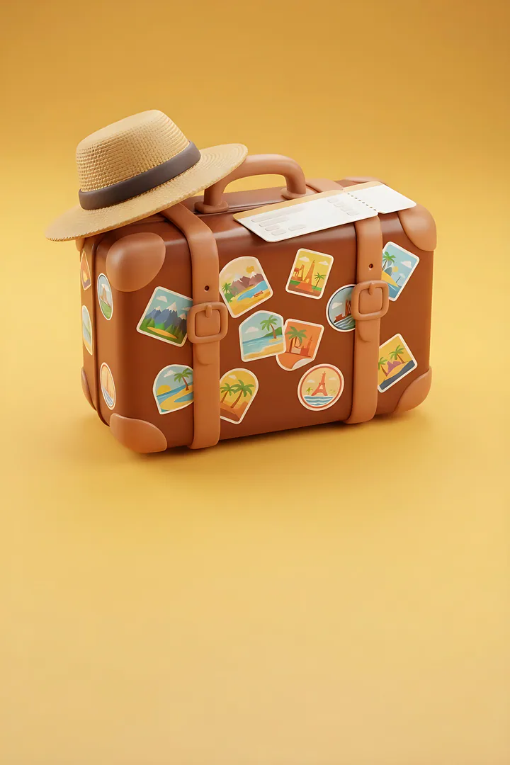 The Globetrotter: personality type result. A vintage suitcase covered in colorful travel stickers with a straw sun hat on top and a paper plane ticket, sunny golden yellow backdrop