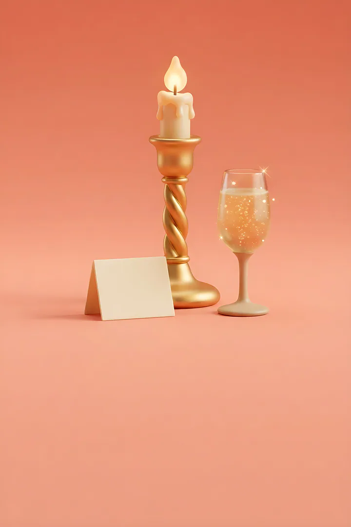 The Dream Host: personality type result. A tall golden candlestick with a lit candle, a folded place card standing in front of it and a single sparkling wine glass