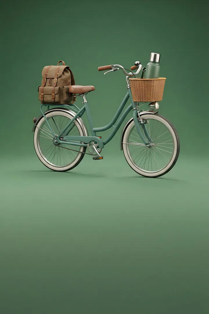 The Independent: personality type result. A lone vintage bicycle with a sturdy backpack strapped on the rear rack and a thermos in the basket, forest green backdrop