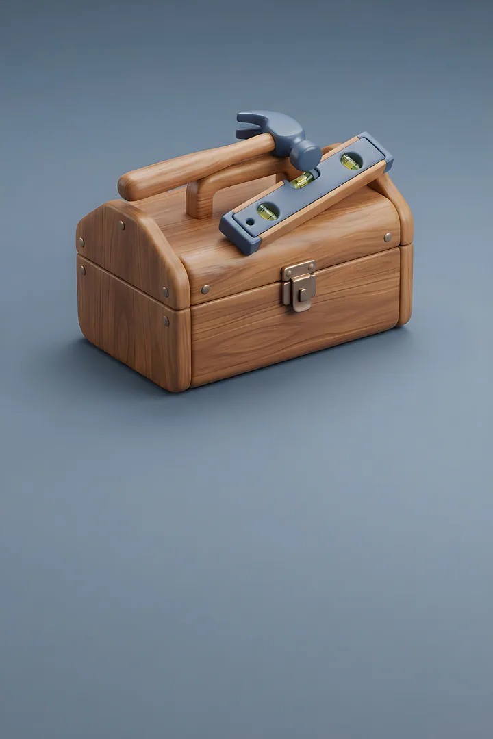 The Level Head: personality type result. A sturdy wooden toolbox with a hammer and a spirit level resting on it, slate blue gray backdrop
