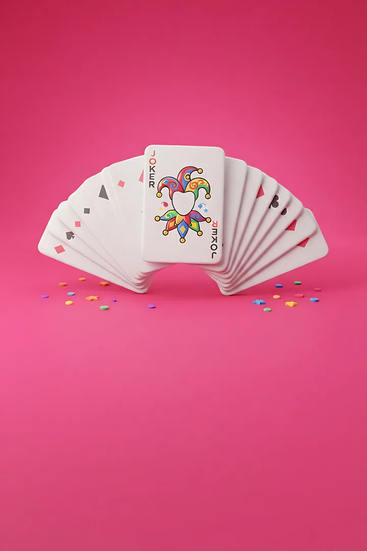 The Wildcard: personality type result. One bright jester joker playing card sticking up out of the middle of a neatly fanned deck of ordinary playing cards