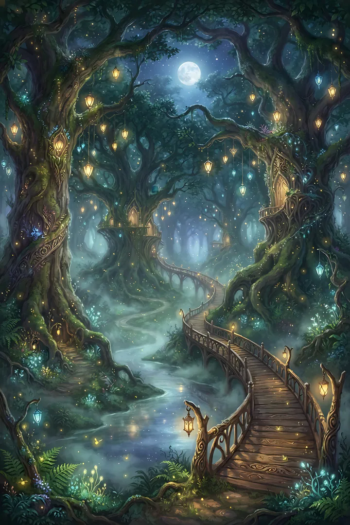Moonlit Elven Forest: fantasy realm result. A moonlit elven forest with giant ancient trees hung with glowing lanterns, a curving wooden bridge, silver mist and fireflies