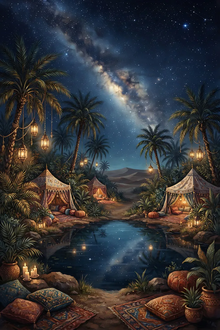 Desert Star Oasis: fantasy realm result. A desert oasis at night with palm trees, silk tents, hanging lanterns, a still pool and a sky full of stars and the milky way