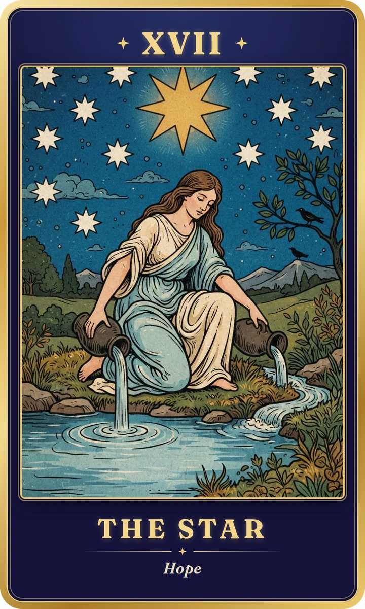 The Star: tarot card result. A tarot card numbered XVII, The Star
